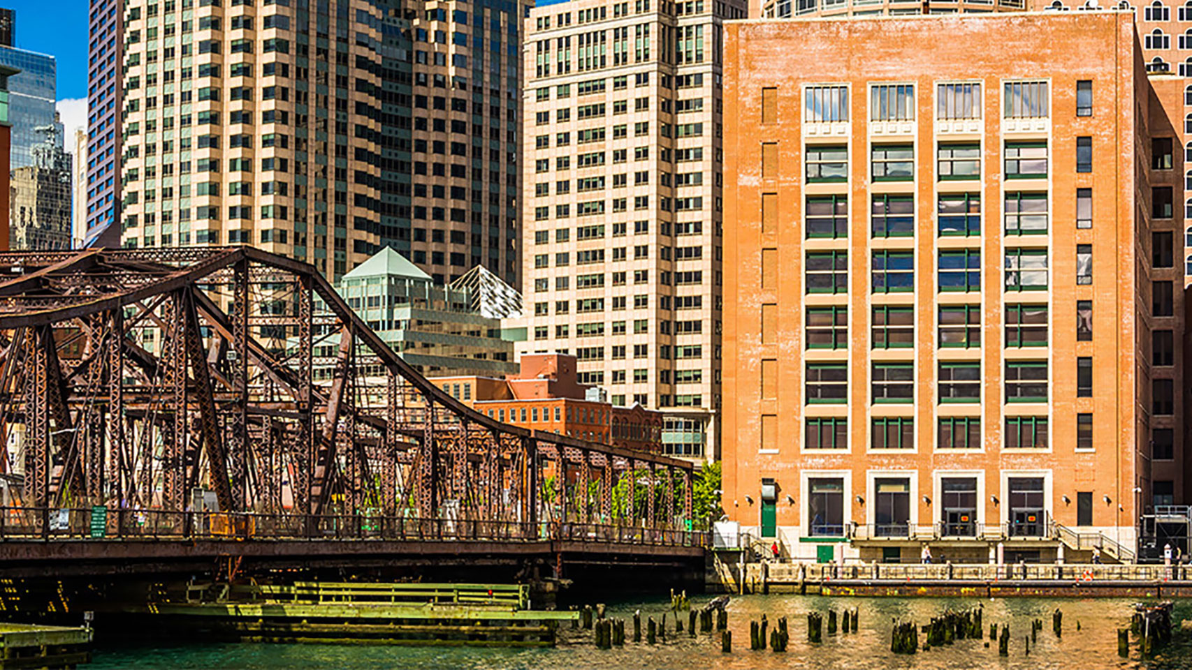 Riverside view of a bridge crossing a river in a city setting